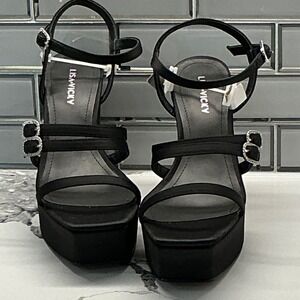 LISA VICKY Babe Black Satin Block Heels Rhinestone Ankle Strap Sandals 7.5